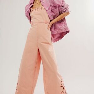 Free People Pink Lace Detail Jumpsuit